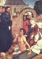 Opwekking van Lazarus. Schilderij van Juan de Flandes