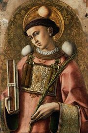 Stafanus, geschilderd door Carlo Crivelli in 1476. Om hem heen de 3 stenen waarmee hij gedood is.