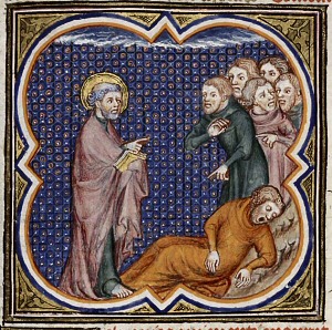 Ananias, bestraffend toegesproken door Petrus omdat hij gelogen had over de opbrengst van zijn grond, valt dood neer. Manuscript Petrus Comestor's "Bible Historiale" 1372