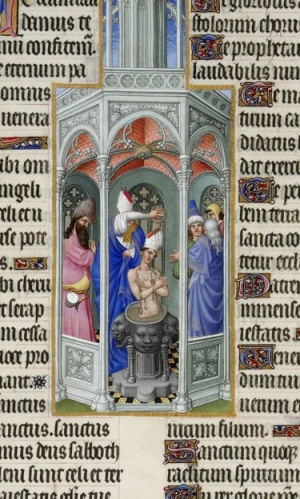 De doop van Augustinus. Uit: "Très Riches Heures du Duc de Berry" (De Zeer Rijke Uren van de Hertog van Berry) Getijdenboek uit 1410. Musée Condé, Chantilly.