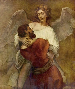 Jacob worstelt met de engel. Rembrandt, 1660.